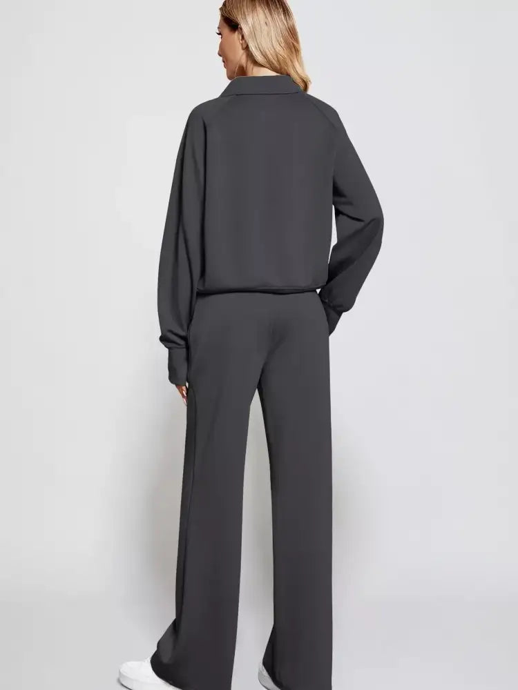 Full Size Half-Zip Sweatshirt and Wide-Leg Pants Set Plus