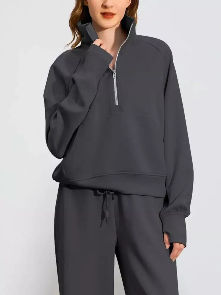 Full Size Half-Zip Sweatshirt and Wide-Leg Pants Set Plus