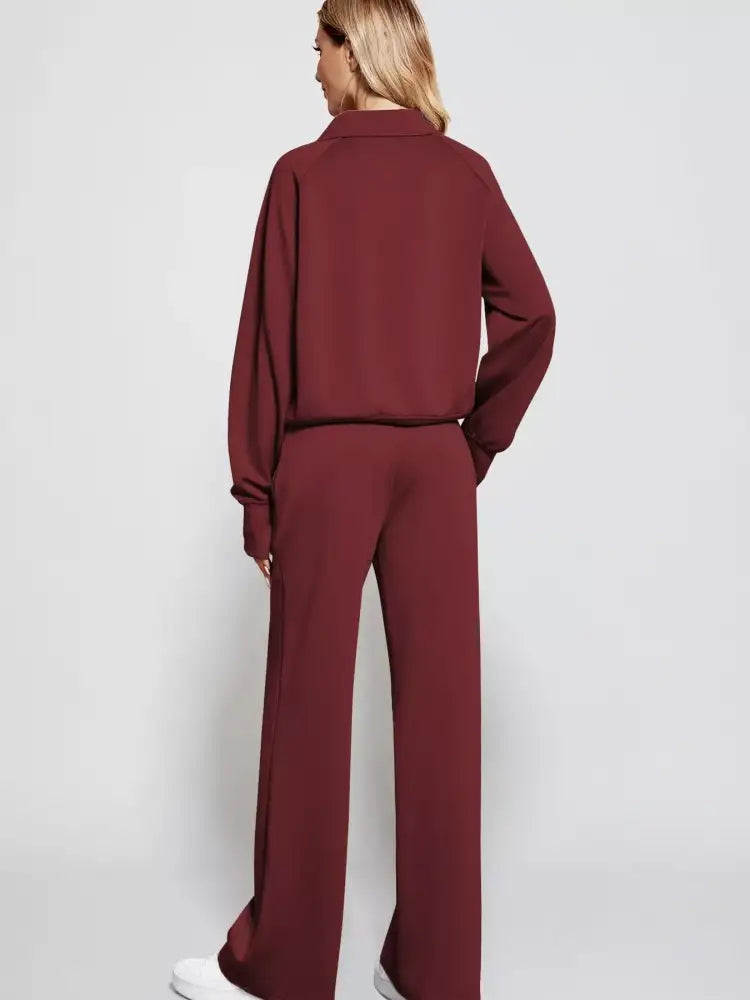 Full Size Half-Zip Sweatshirt and Wide-Leg Pants Set Plus