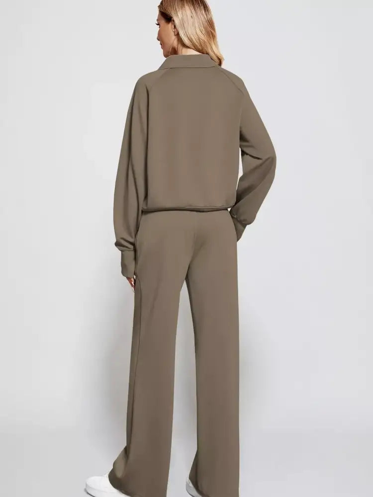 Full Size Half-Zip Sweatshirt and Wide-Leg Pants Set Plus