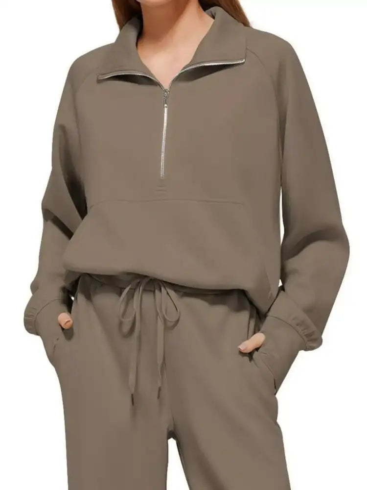 Full Size Half-Zip Sweatshirt and Wide-Leg Pants Set Plus
