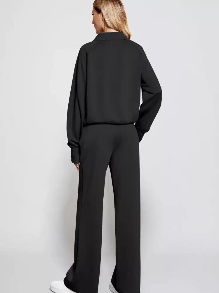 Full Size Half-Zip Sweatshirt and Wide-Leg Pants Set Plus