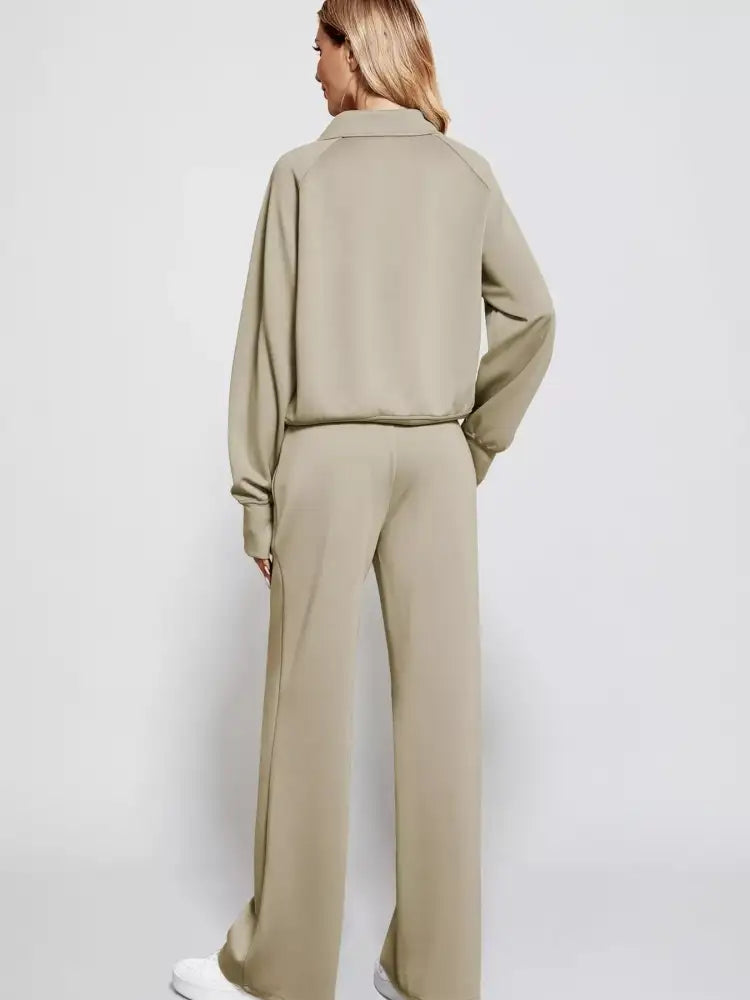 Full Size Half-Zip Sweatshirt and Wide-Leg Pants Set Plus