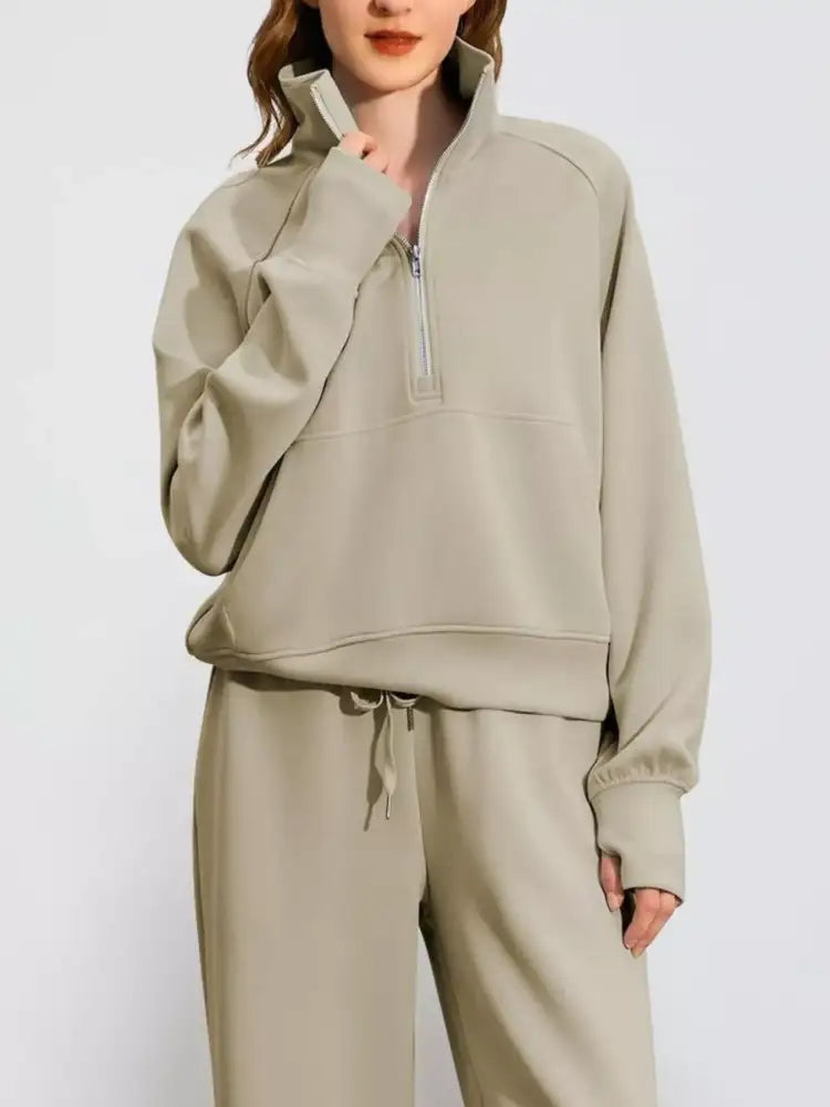 Full Size Half-Zip Sweatshirt and Wide-Leg Pants Set Plus