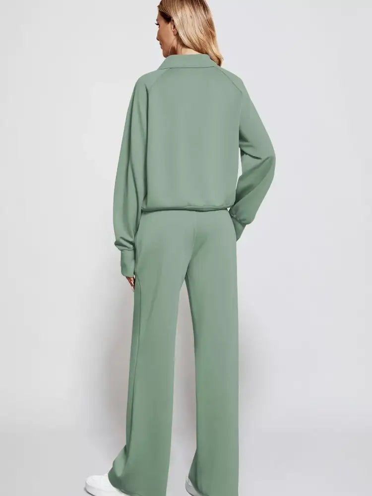 Full Size Half-Zip Sweatshirt and Wide-Leg Pants Set Plus