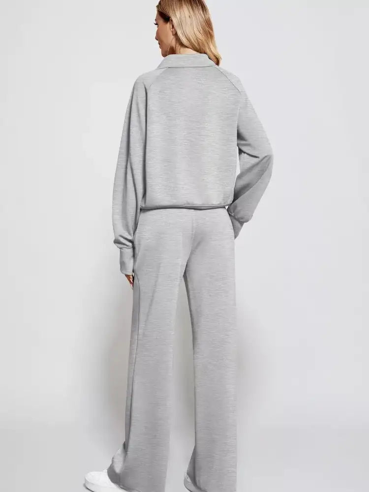 Full Size Half-Zip Sweatshirt and Wide-Leg Pants Set Plus