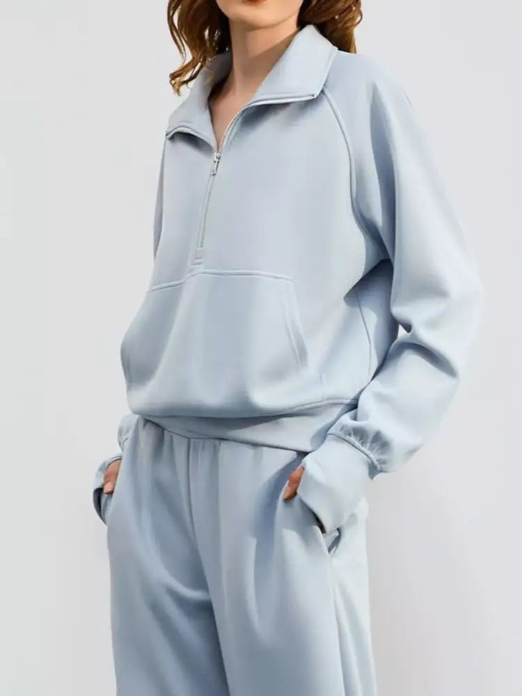 Full Size Half-Zip Sweatshirt and Wide-Leg Pants Set Plus