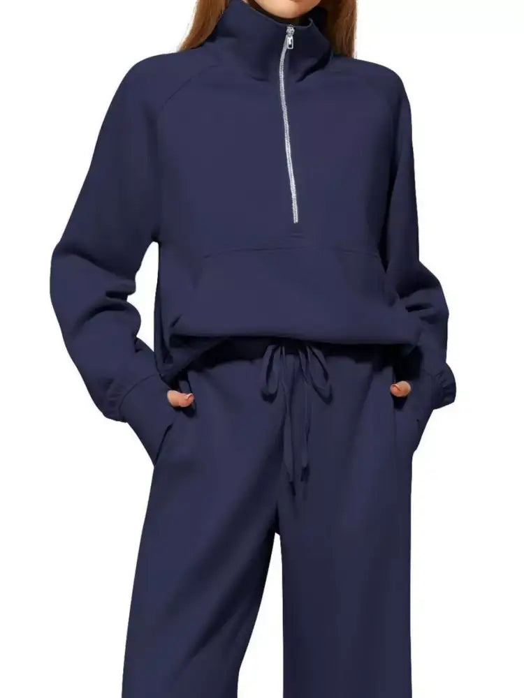 Full Size Half-Zip Sweatshirt and Wide-Leg Pants Set Plus
