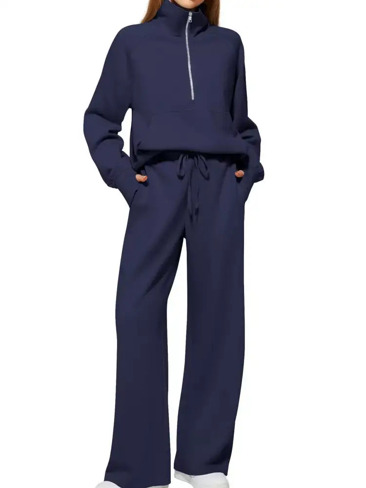 Full Size Half-Zip Sweatshirt and Wide-Leg Pants Set Plus