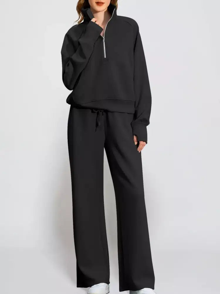Full Size Half-Zip Sweatshirt and Wide-Leg Pants Set Plus