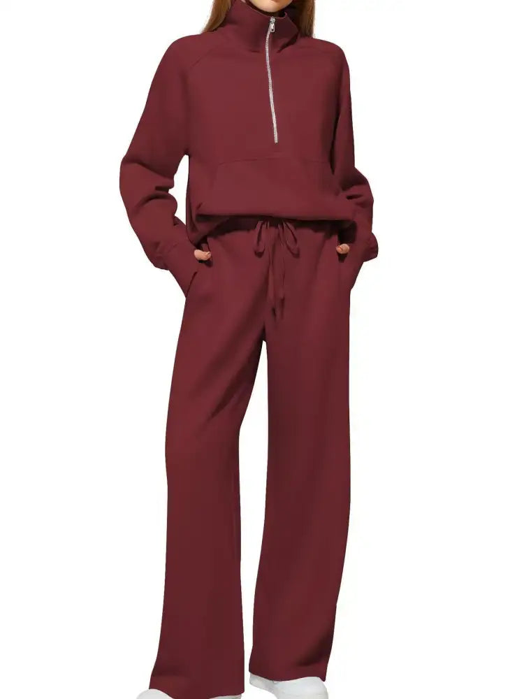 Full Size Half-Zip Sweatshirt and Wide-Leg Pants Set Plus