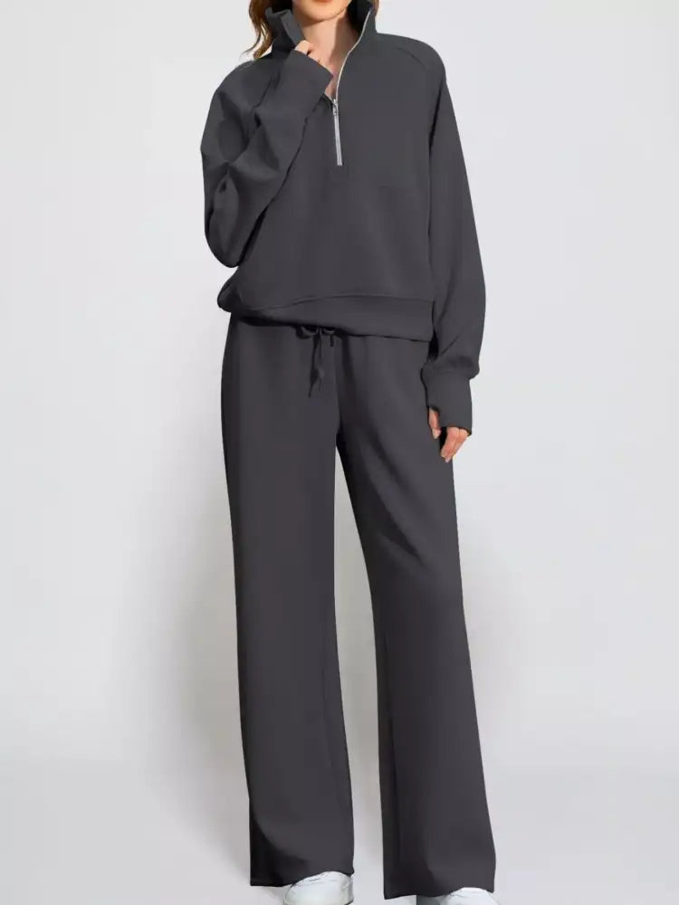 Full Size Half-Zip Sweatshirt and Wide-Leg Pants Set Plus