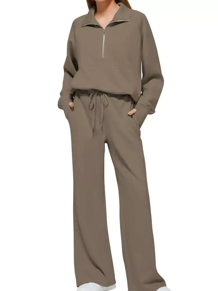 Full Size Half-Zip Sweatshirt and Wide-Leg Pants Set Plus