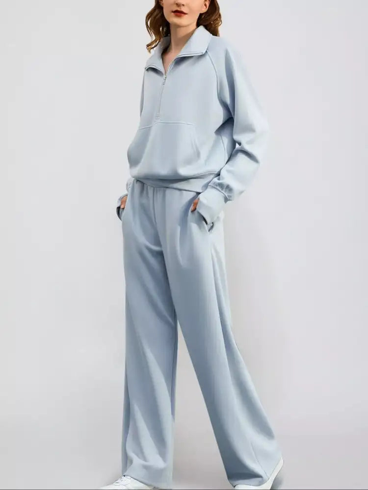 Full Size Half-Zip Sweatshirt and Wide-Leg Pants Set Plus