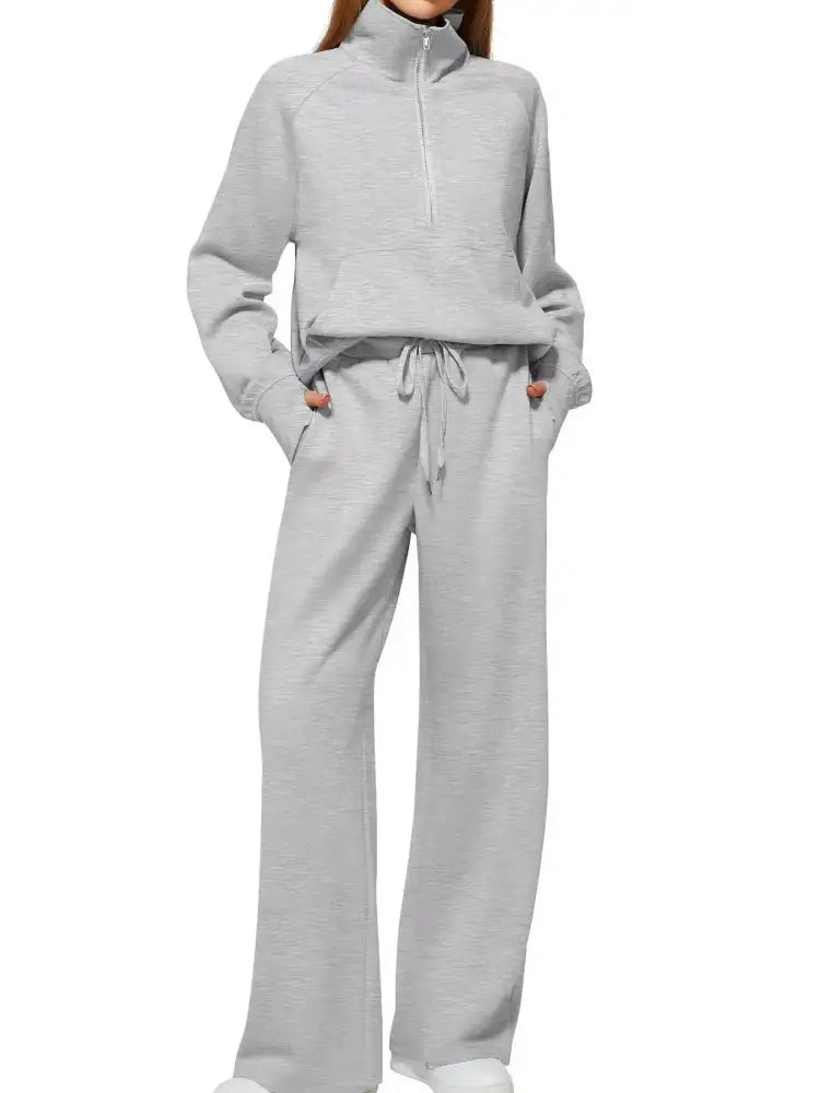 Full Size Half-Zip Sweatshirt and Wide-Leg Pants Set Plus