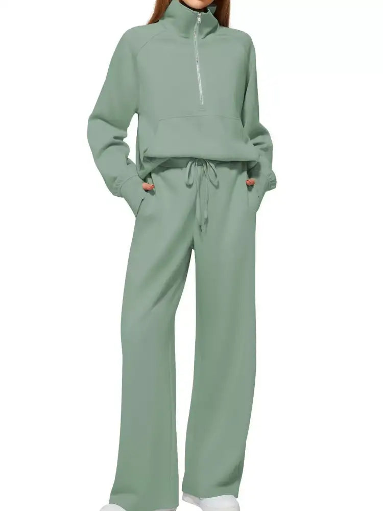 Full Size Half-Zip Sweatshirt and Wide-Leg Pants Set Plus