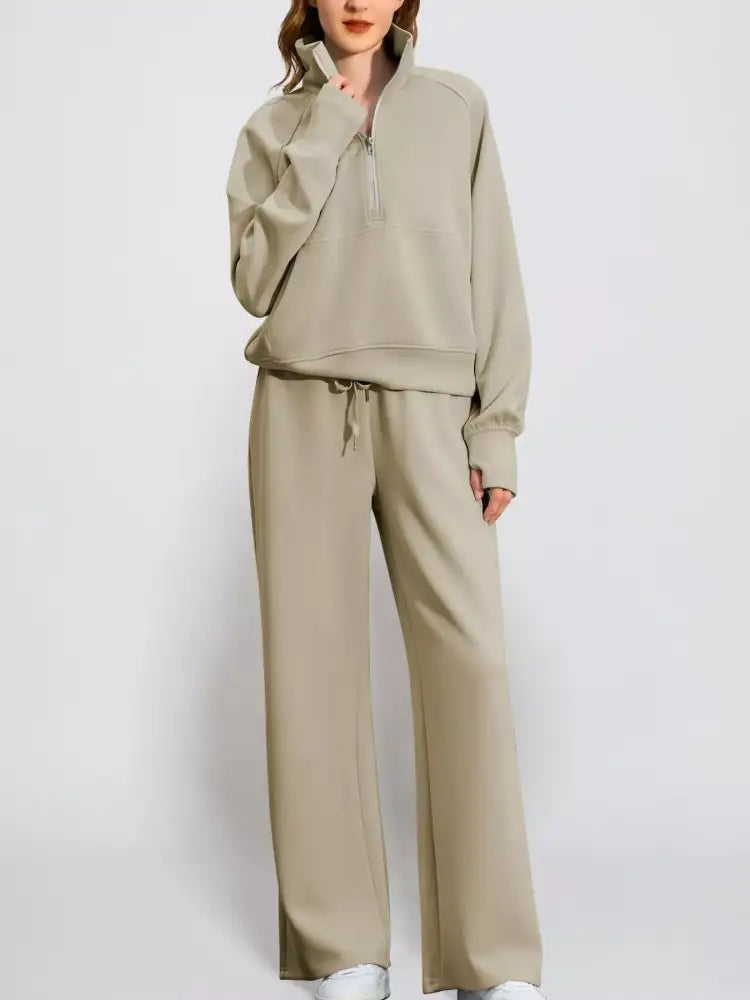 Full Size Half-Zip Sweatshirt and Wide-Leg Pants Set Plus