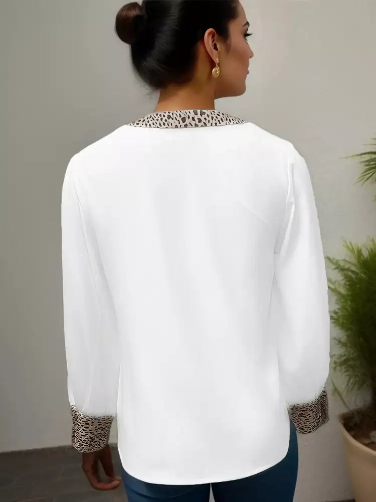 Full Size Leopard Trim Lantern Sleeve Blouse Plus
