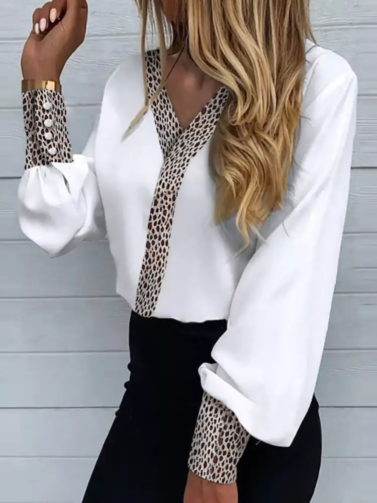Full Size Leopard Trim Lantern Sleeve Blouse Plus