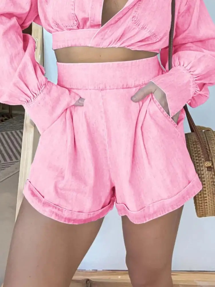 Full Size Long Sleeve Top and Shorts Denim Set Plus