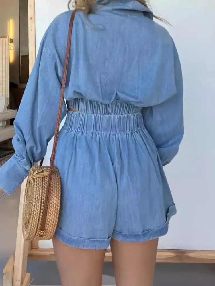 Full Size Long Sleeve Top and Shorts Denim Set Plus