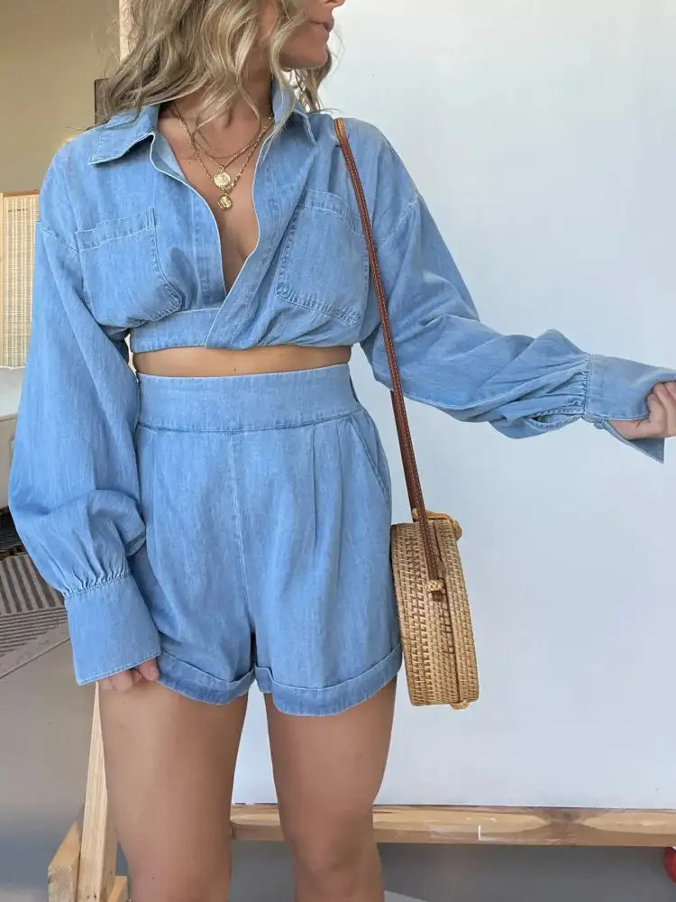 Full Size Long Sleeve Top and Shorts Denim Set Plus