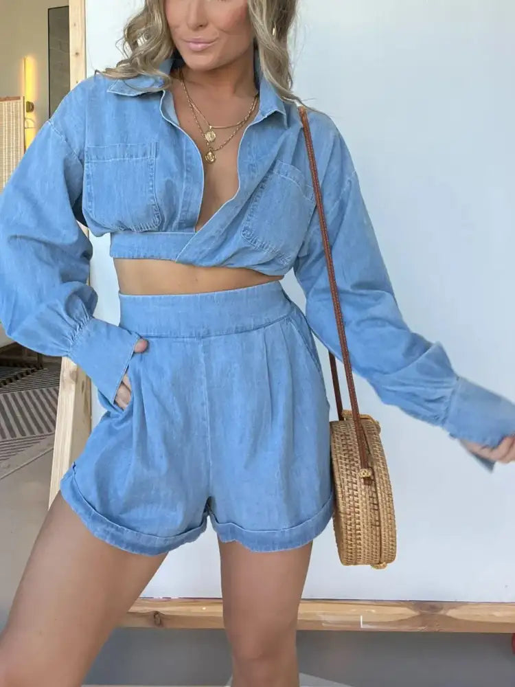 Full Size Long Sleeve Top and Shorts Denim Set Plus