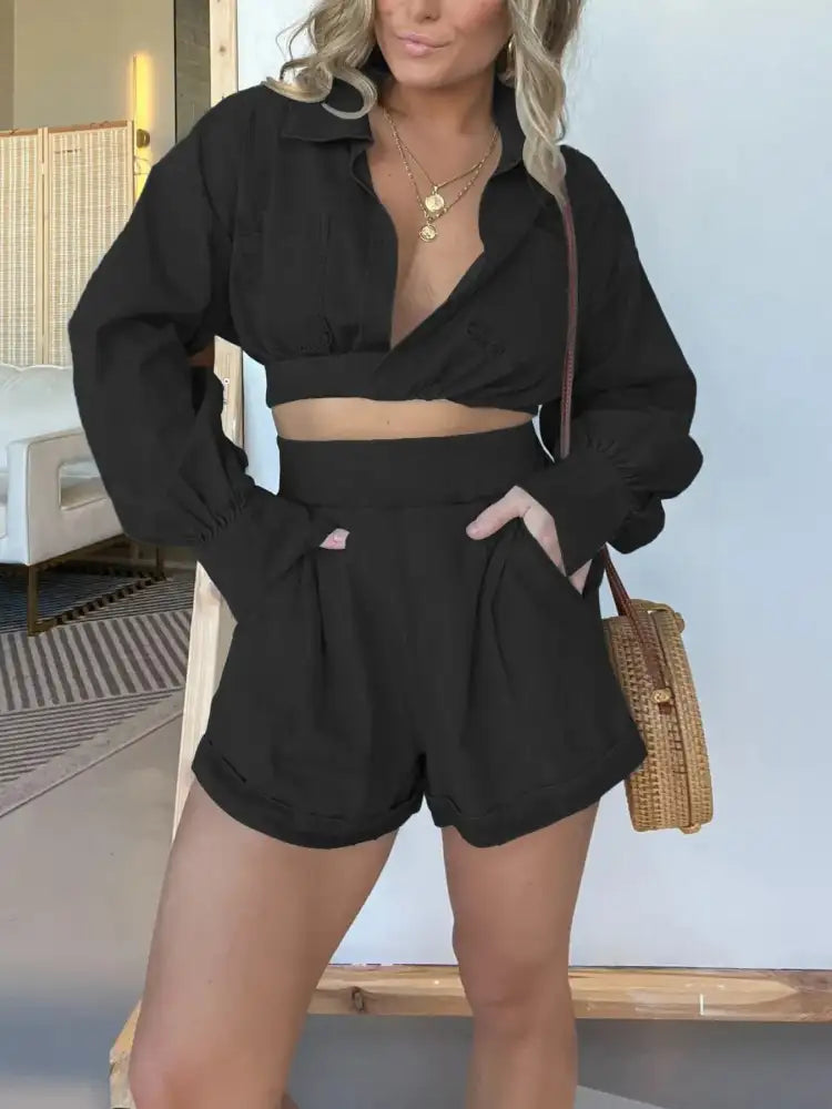 Full Size Long Sleeve Top and Shorts Denim Set Plus