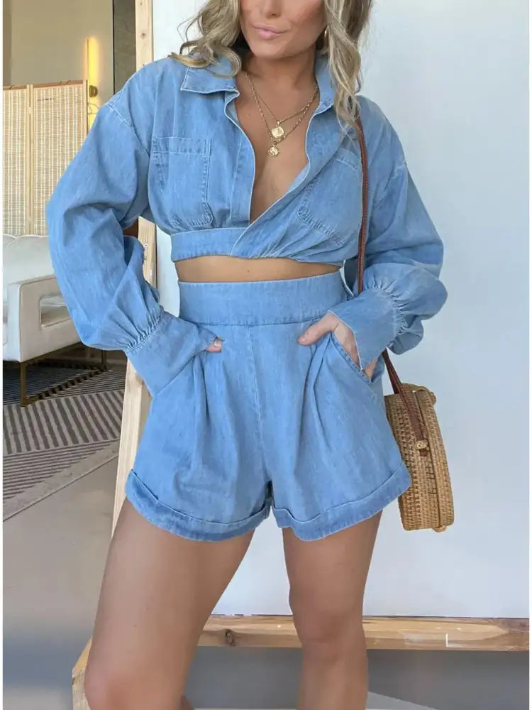 Full Size Long Sleeve Top and Shorts Denim Set Plus