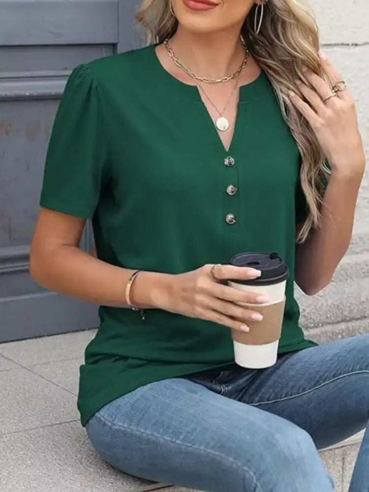 Full Size Notched Short Sleeve Blouse Plus