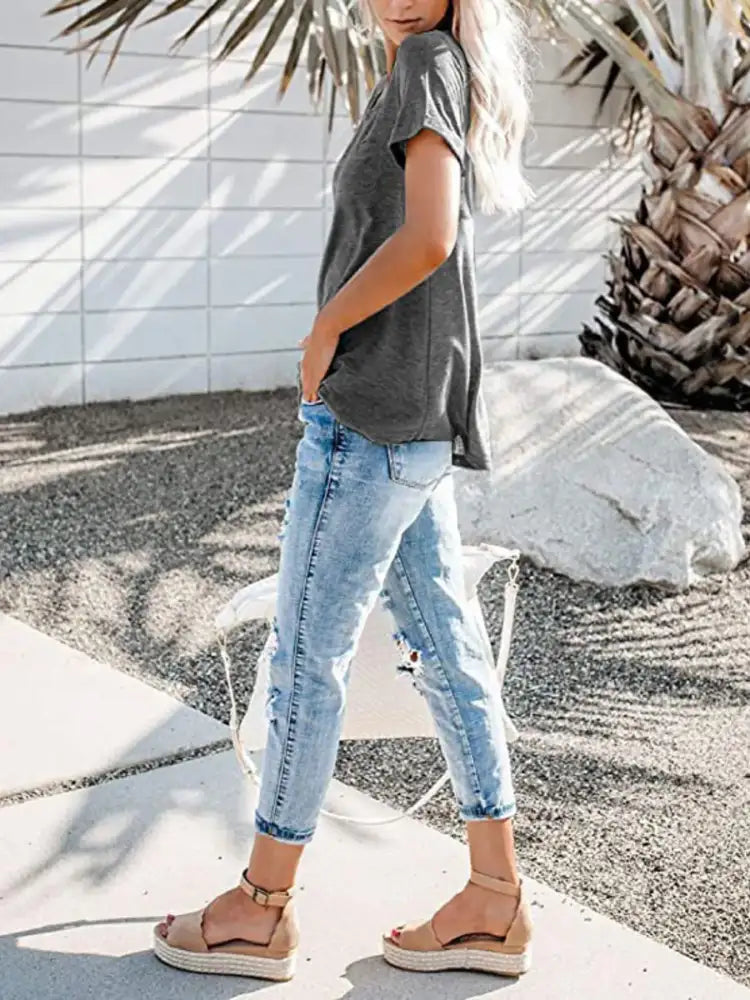 Full Size Notched Short Sleeve T-Shirt Plus