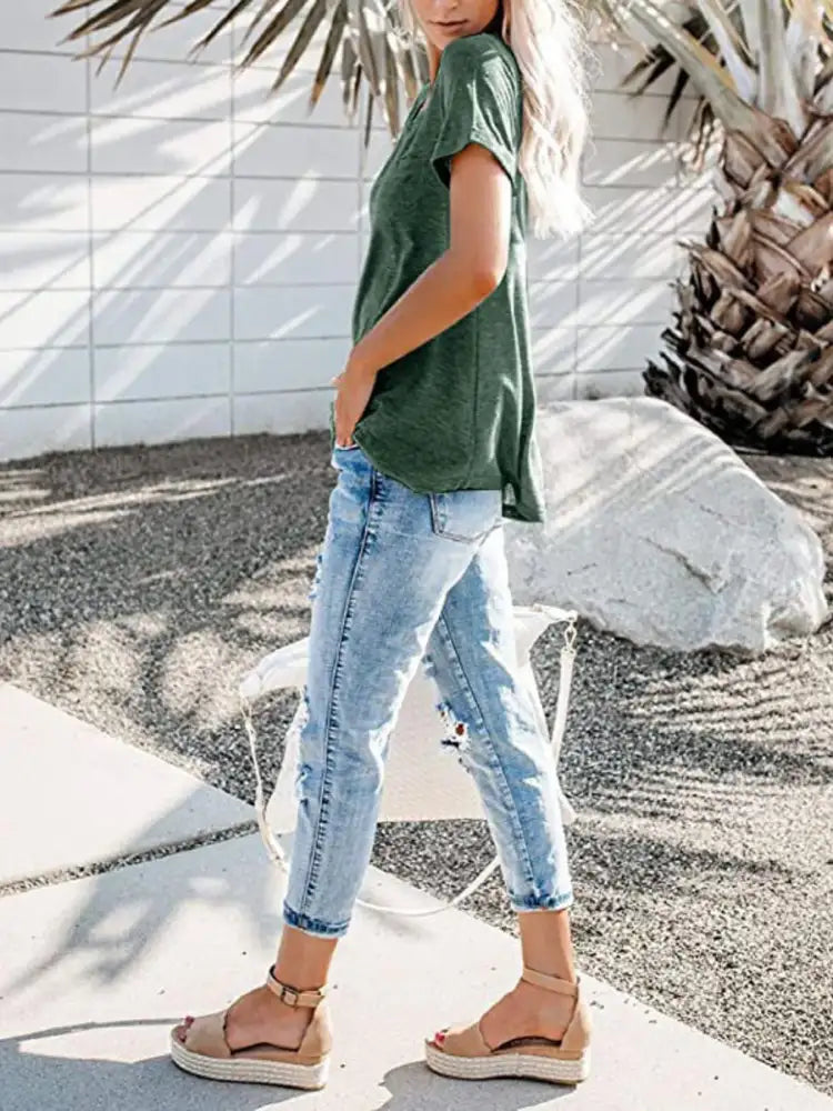 Full Size Notched Short Sleeve T-Shirt Plus