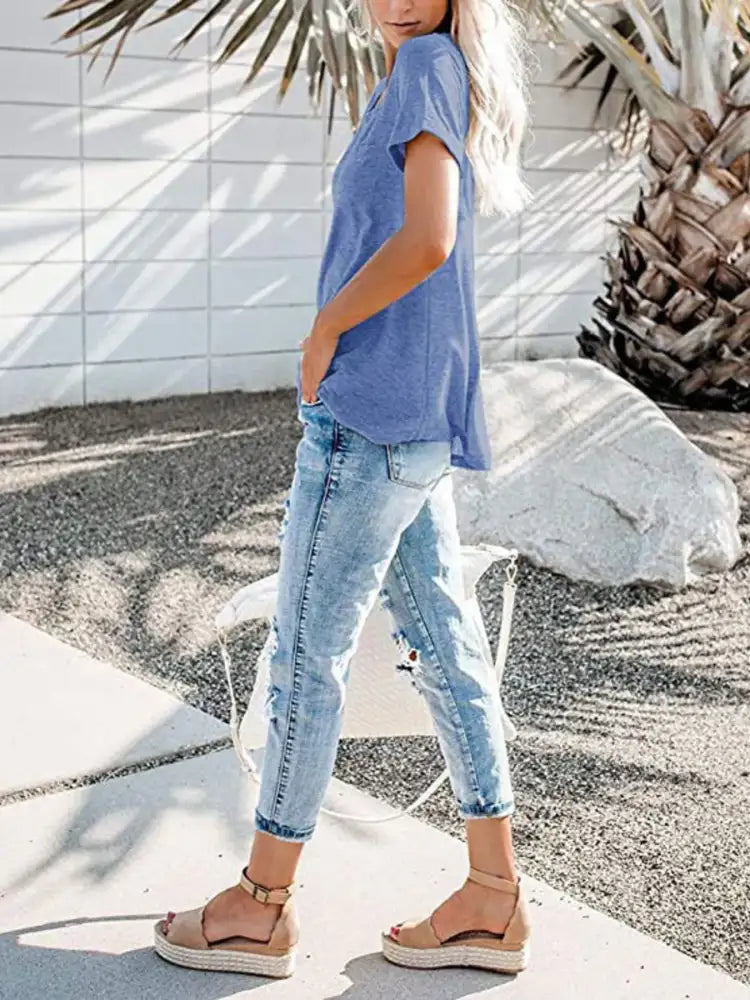 Full Size Notched Short Sleeve T-Shirt Plus