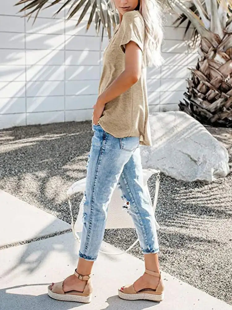 Full Size Notched Short Sleeve T-Shirt Plus