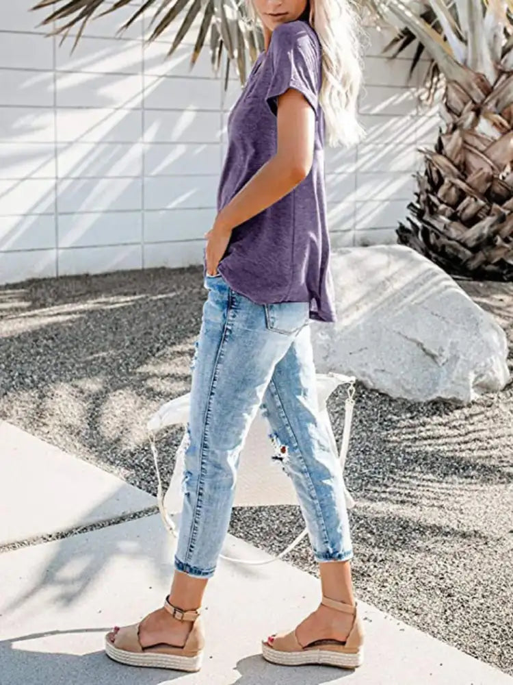 Full Size Notched Short Sleeve T-Shirt Plus