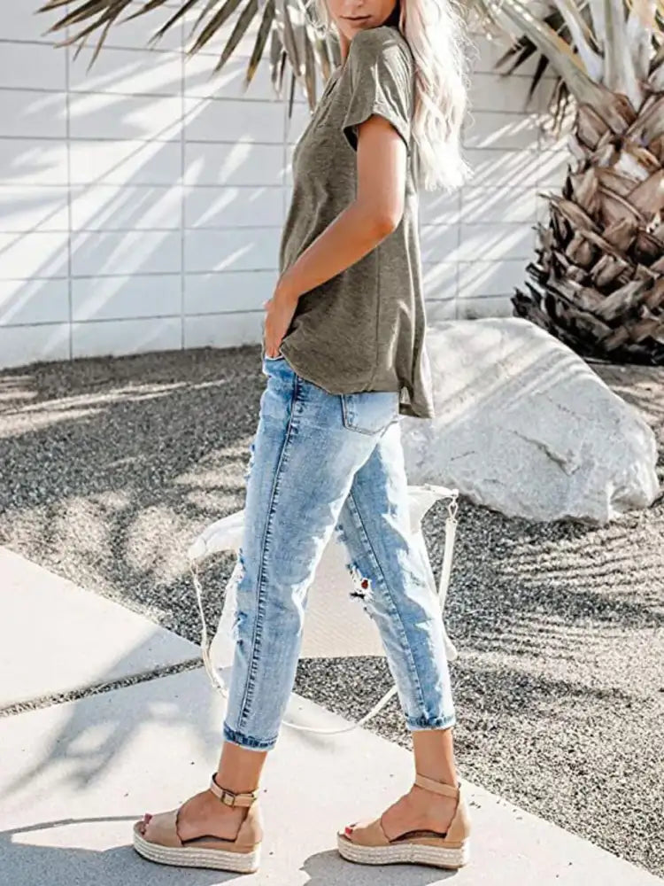 Full Size Notched Short Sleeve T-Shirt Plus