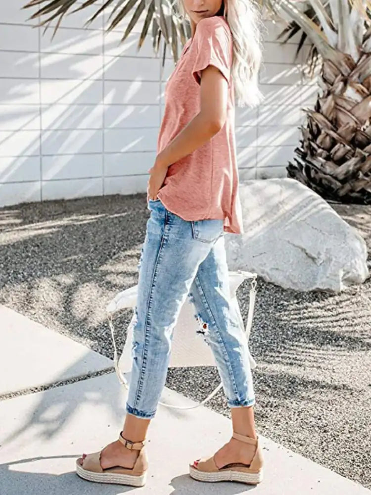 Full Size Notched Short Sleeve T-Shirt Plus