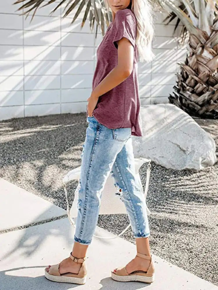 Full Size Notched Short Sleeve T-Shirt Plus