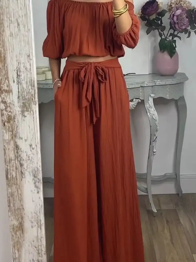 Full Size Off-Shoulder Top and Pants Set Plus