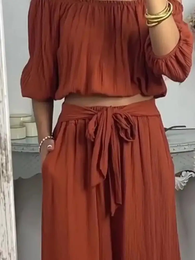 Full Size Off-Shoulder Top and Pants Set Plus