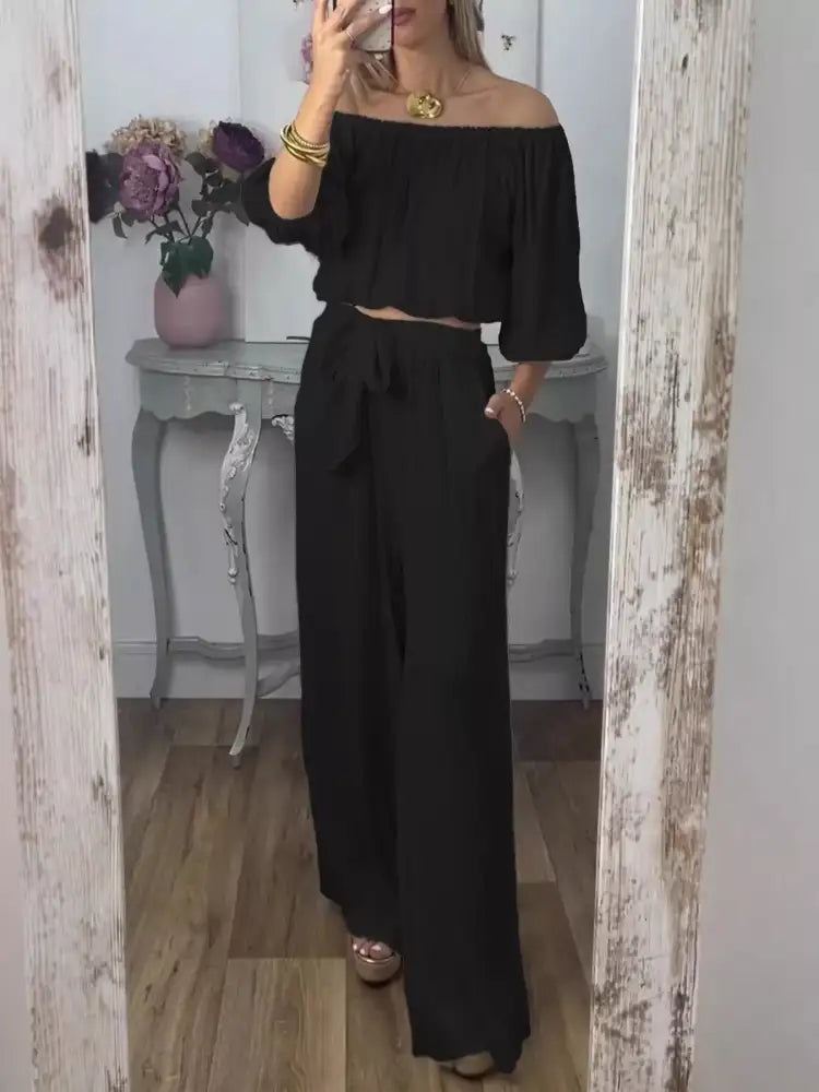 Full Size Off-Shoulder Top and Pants Set Plus