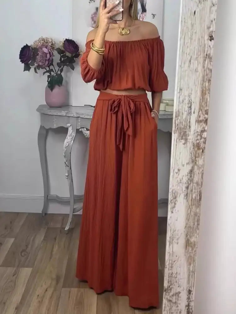 Full Size Off-Shoulder Top and Pants Set Plus