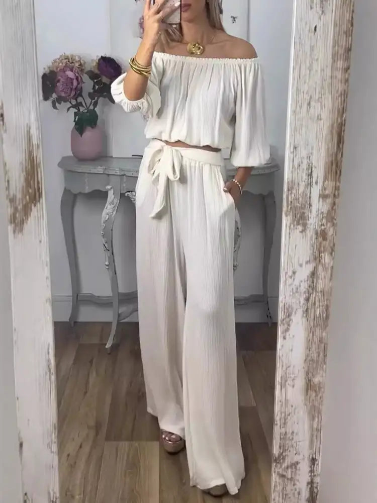Full Size Off-Shoulder Top and Pants Set Plus