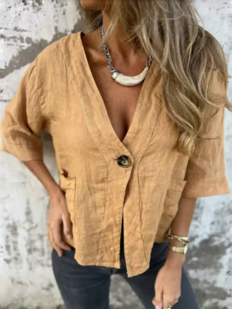 Full Size One Button V-Neck Shirt Plus