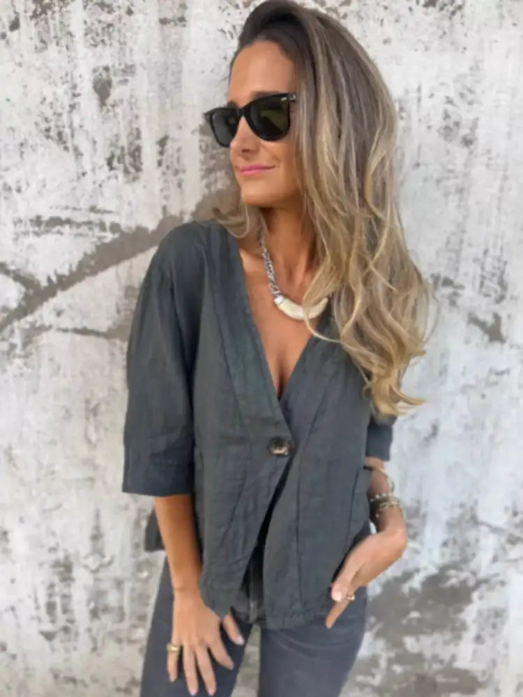 Full Size One Button V-Neck Shirt Plus