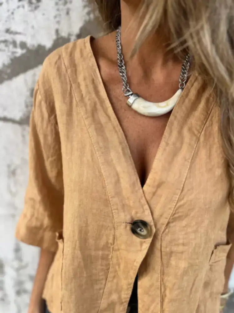 Full Size One Button V-Neck Shirt Plus