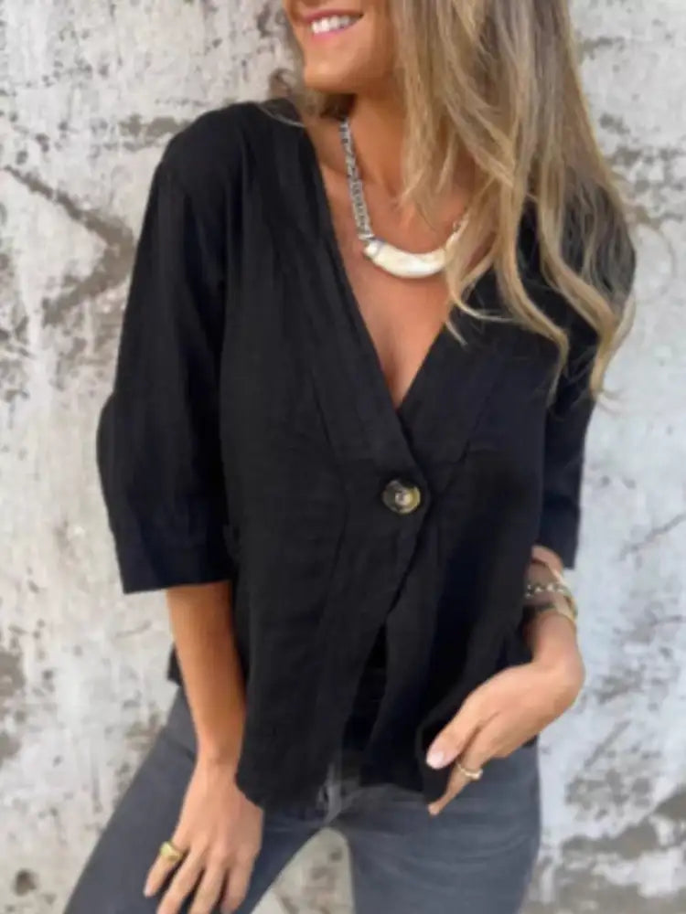 Full Size One Button V-Neck Shirt Plus