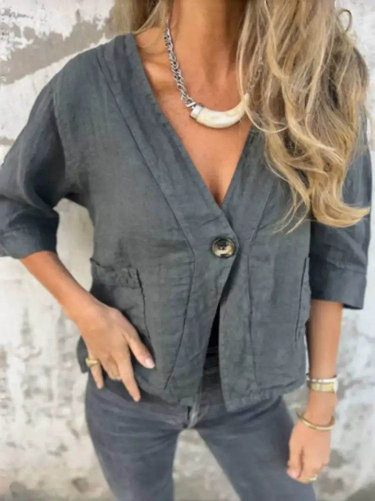 Full Size One Button V-Neck Shirt Plus