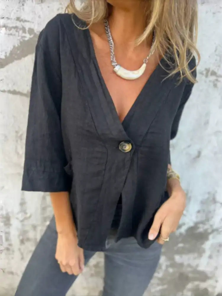 Full Size One Button V-Neck Shirt Plus