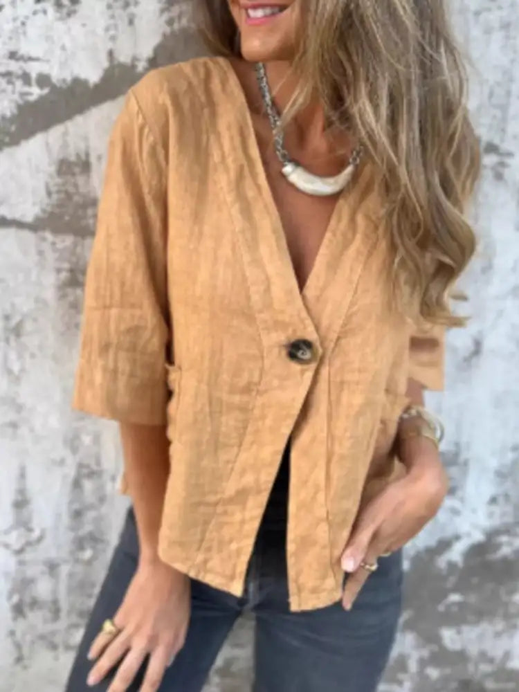 Full Size One Button V-Neck Shirt Plus